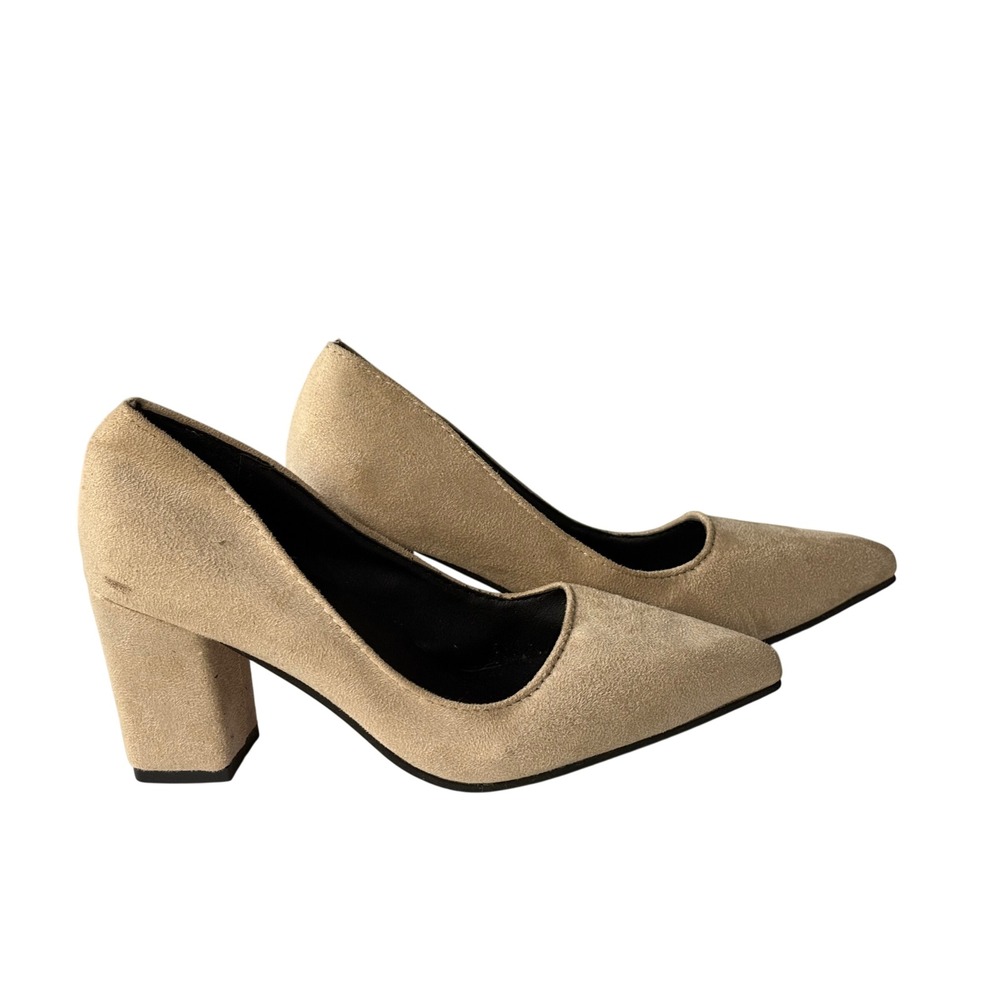 Fashion Women Tan Faux Suede Pointed Toe Block Heel Pumps Red Bottoms Size 37